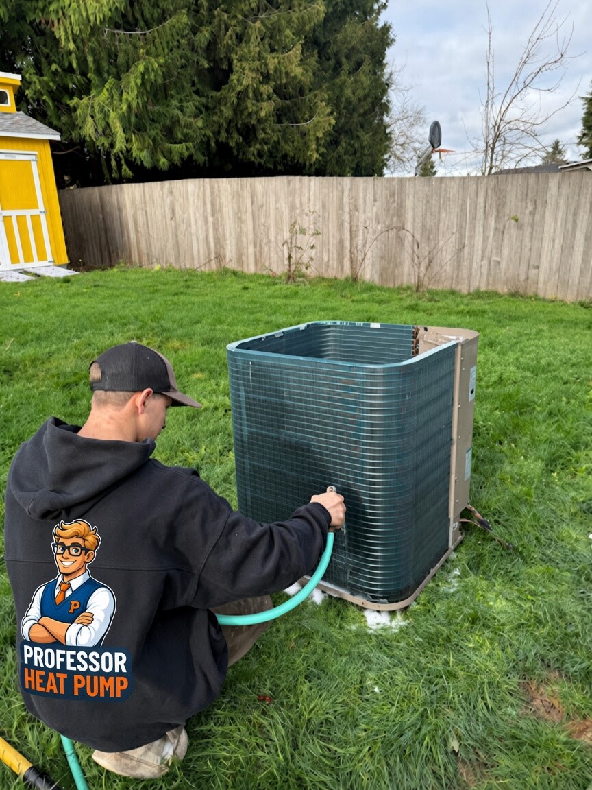 A technician cleaning an outdoor condenser