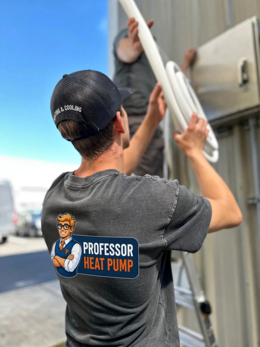 Technicians running line set up the side of a house