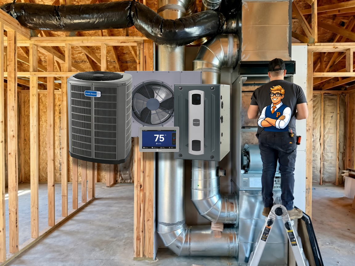 Technician on a ladder in a new-build attic