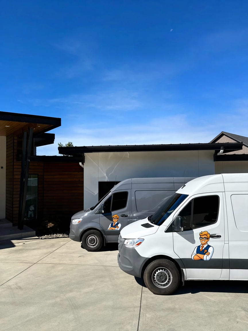 Professor Heat Pump vans at a home